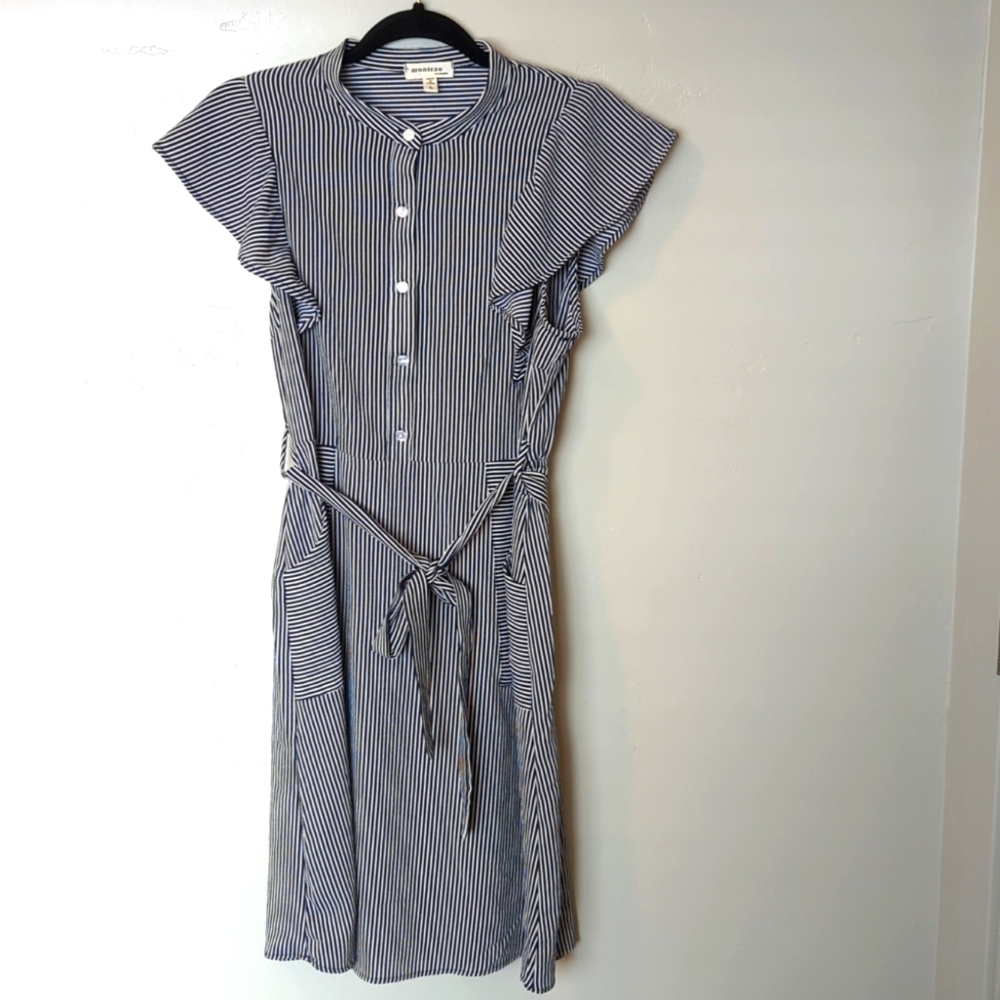 Monteau Blue & White Striped Button Tie Midi Dress L